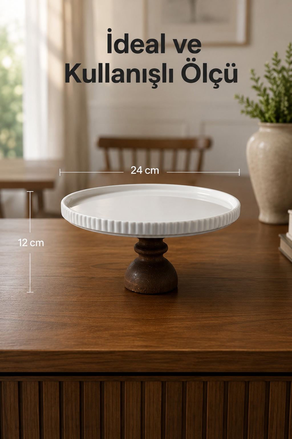 Ahşap Ayaklı Porselen Sunumluk Pasta Standı Sunum Tabağı Kek Fanusu Tablası 24 cm
