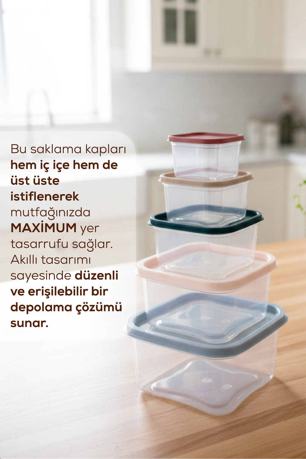 Renkli Kapaklı 5'li Kare Saklama Kabı Seti – Mutfak Saklama Kutusu
