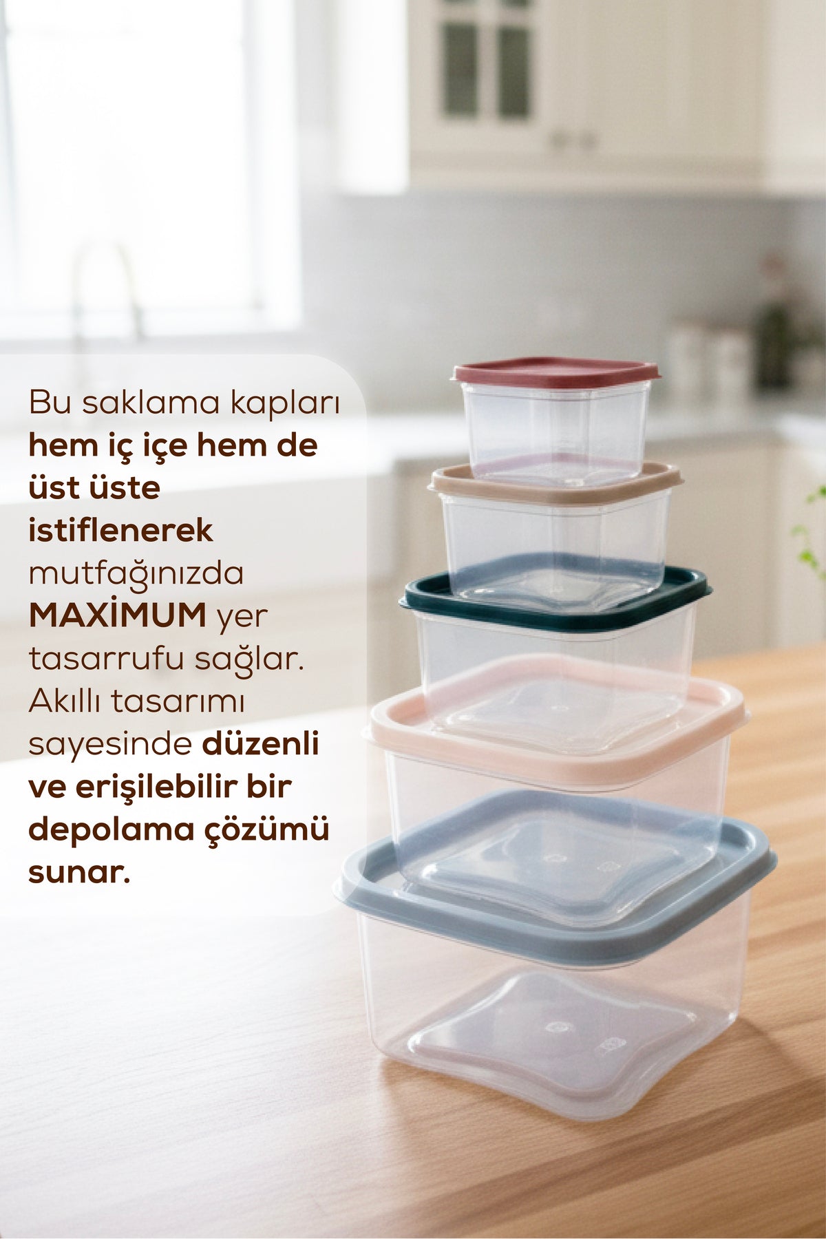 Renkli Kapaklı 5'li Kare Saklama Kabı Seti – Mutfak Saklama Kutusu