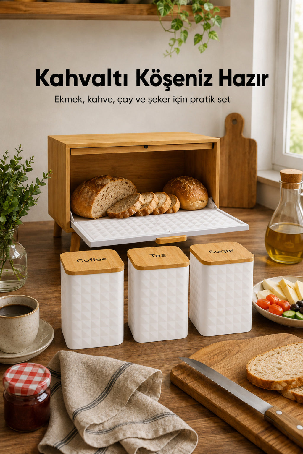 Ayaklı Ahşap Ekmek Dolabı Ve 3lü Beyaz Metal Kare Çay Kahve Şeker Saklama Kabı