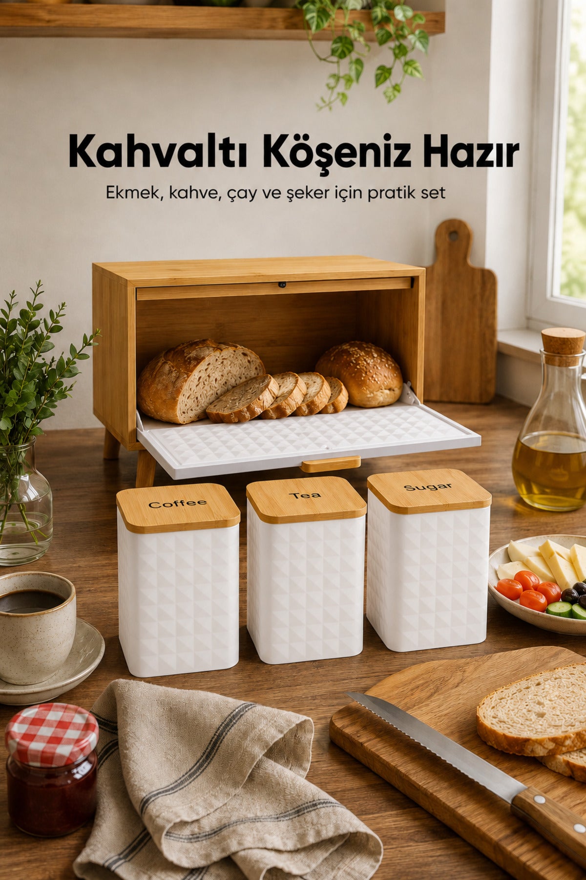 Ayaklı Ahşap Ekmek Dolabı Ve 3lü Beyaz Metal Kare Çay Kahve Şeker Saklama Kabı