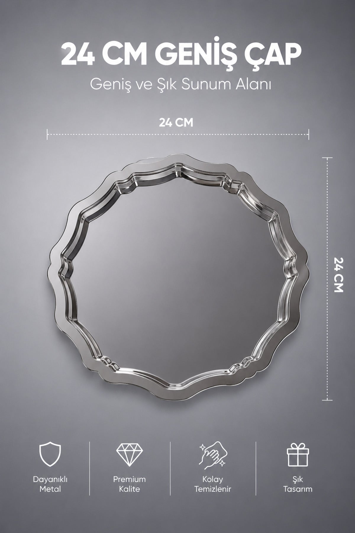 3'lü Metal Sunum Tabağı Seti 24 cm - çiçek dekor sunum tepsi