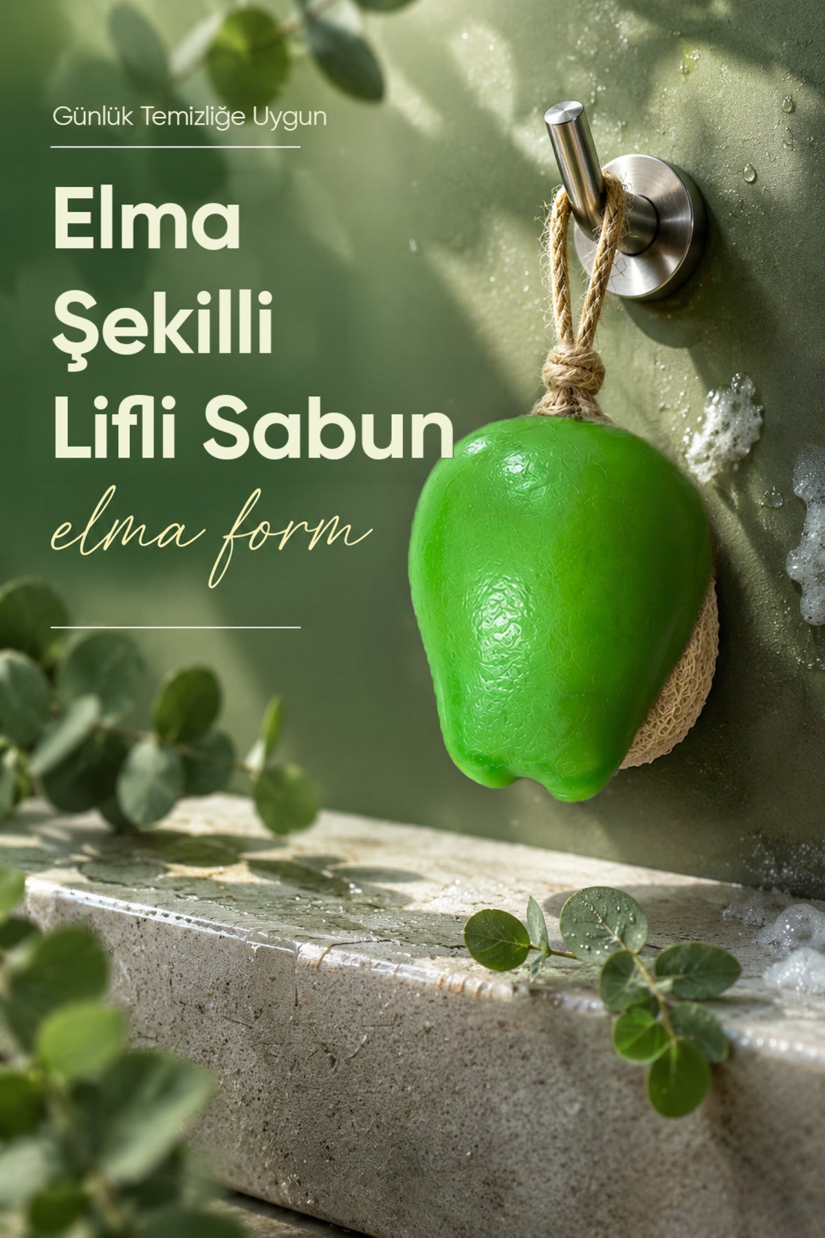Yeşil Elma Şekilli Kabak Lifli Sabun 8,5x7x4,8 cm Peeling Etkili Asılabilir Dekoratif Banyo El Sabunu