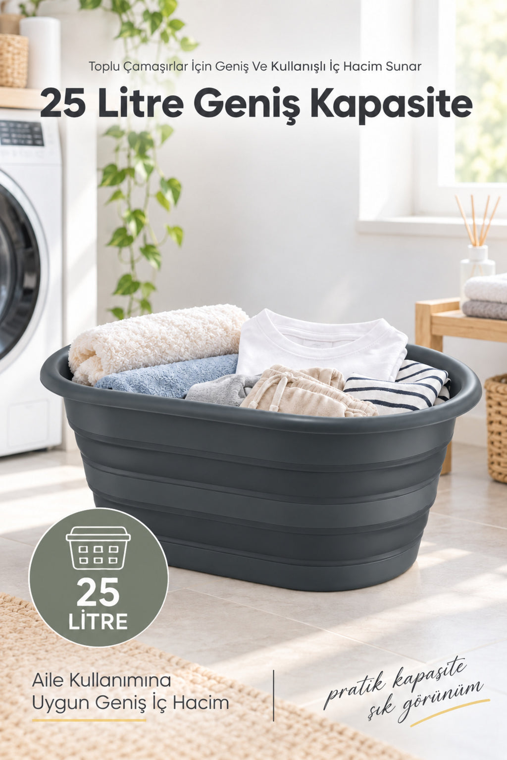 25 Litre Antrasit Katlanabilir Çamaşır Sepeti 54,5x38 cm Geniş Hacimli Pratik Ev Tipi Sepet
