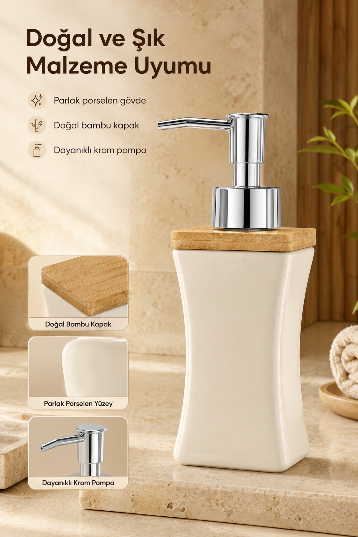 Bambu Kapaklı Porselen Sıvı Sabunluk Kavisli Model 280 ml Bej