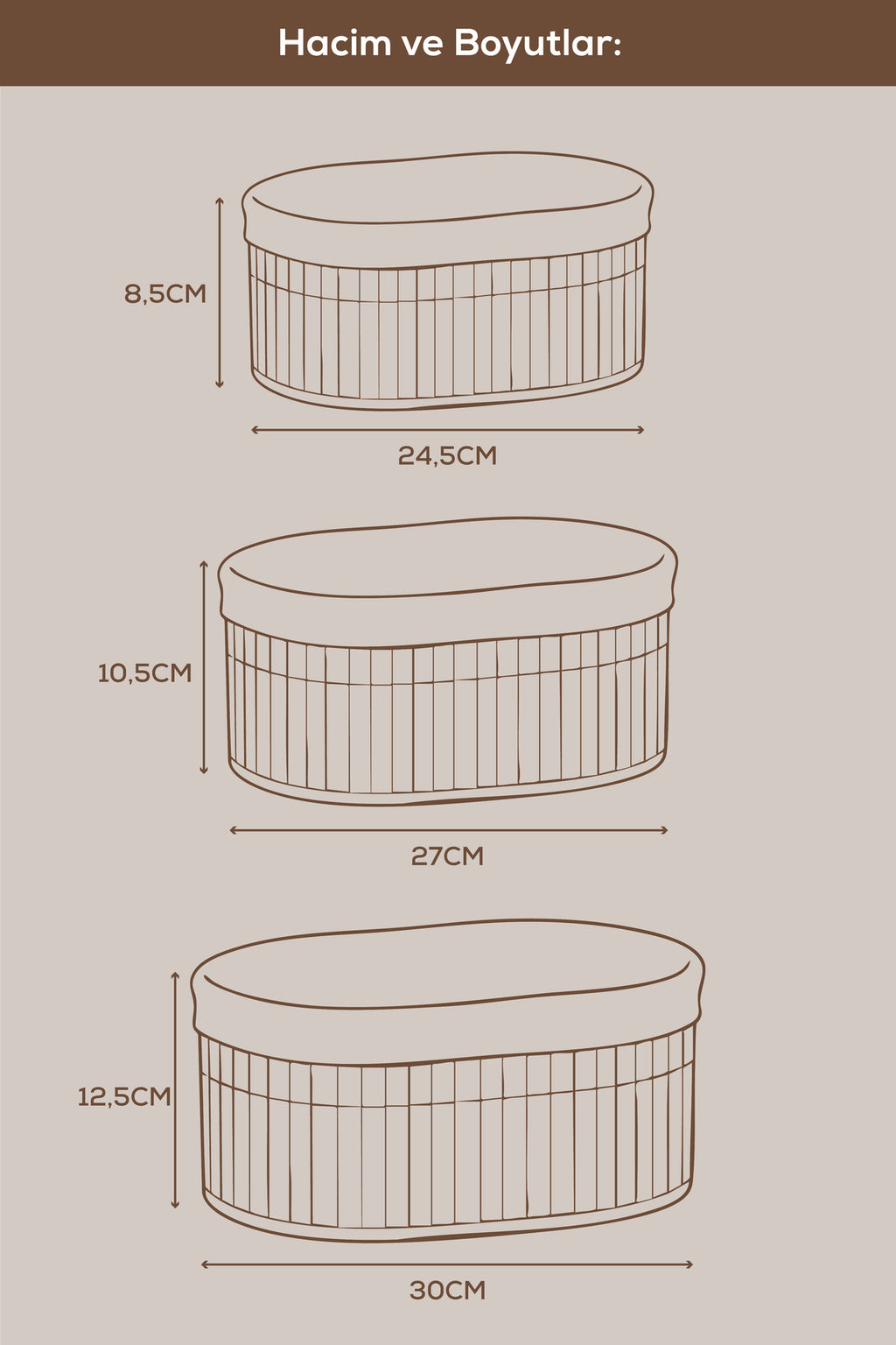 3'lü Set Oval Bambu Organizer Sepet | Banyo Mutfak Dolap İçi