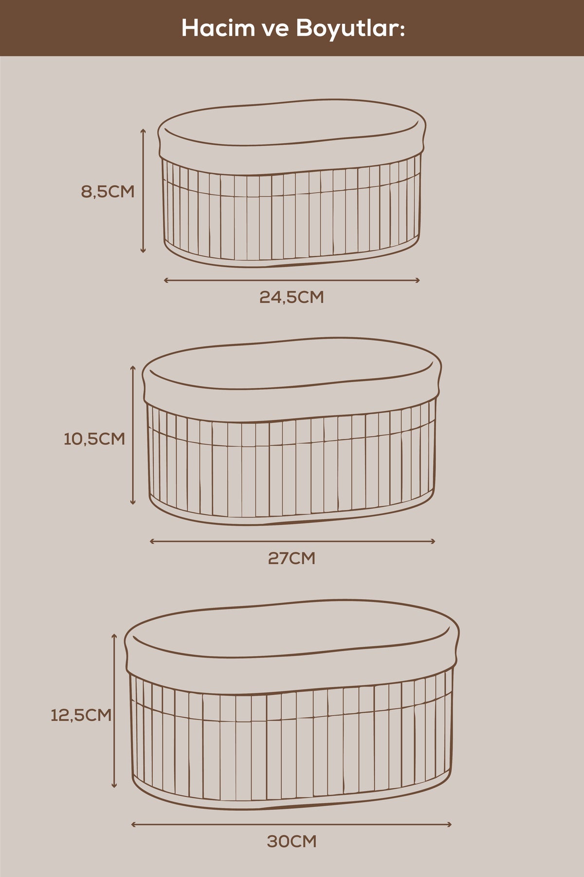 3'lü Set Oval Bambu Organizer Sepet | Banyo Mutfak Dolap İçi