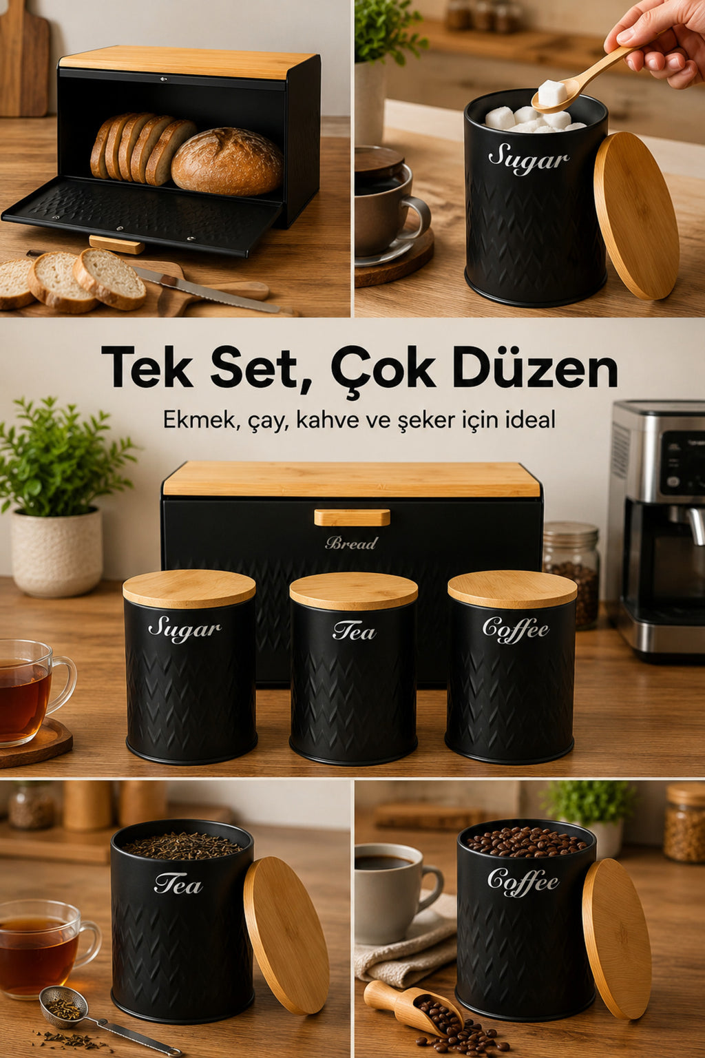 Ahşap Kapaklı Metal Ekmek Kutusu Ve 3'lü Çay Şeker Kahve Saklama Kabı Seti Siyah