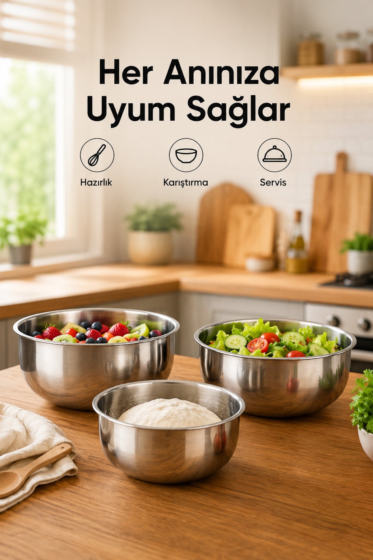 3'lü Paslanmaz Çelik Karıştırma Kabı Seti - 1200-2500-4000 ml Metal Kase Takımı
