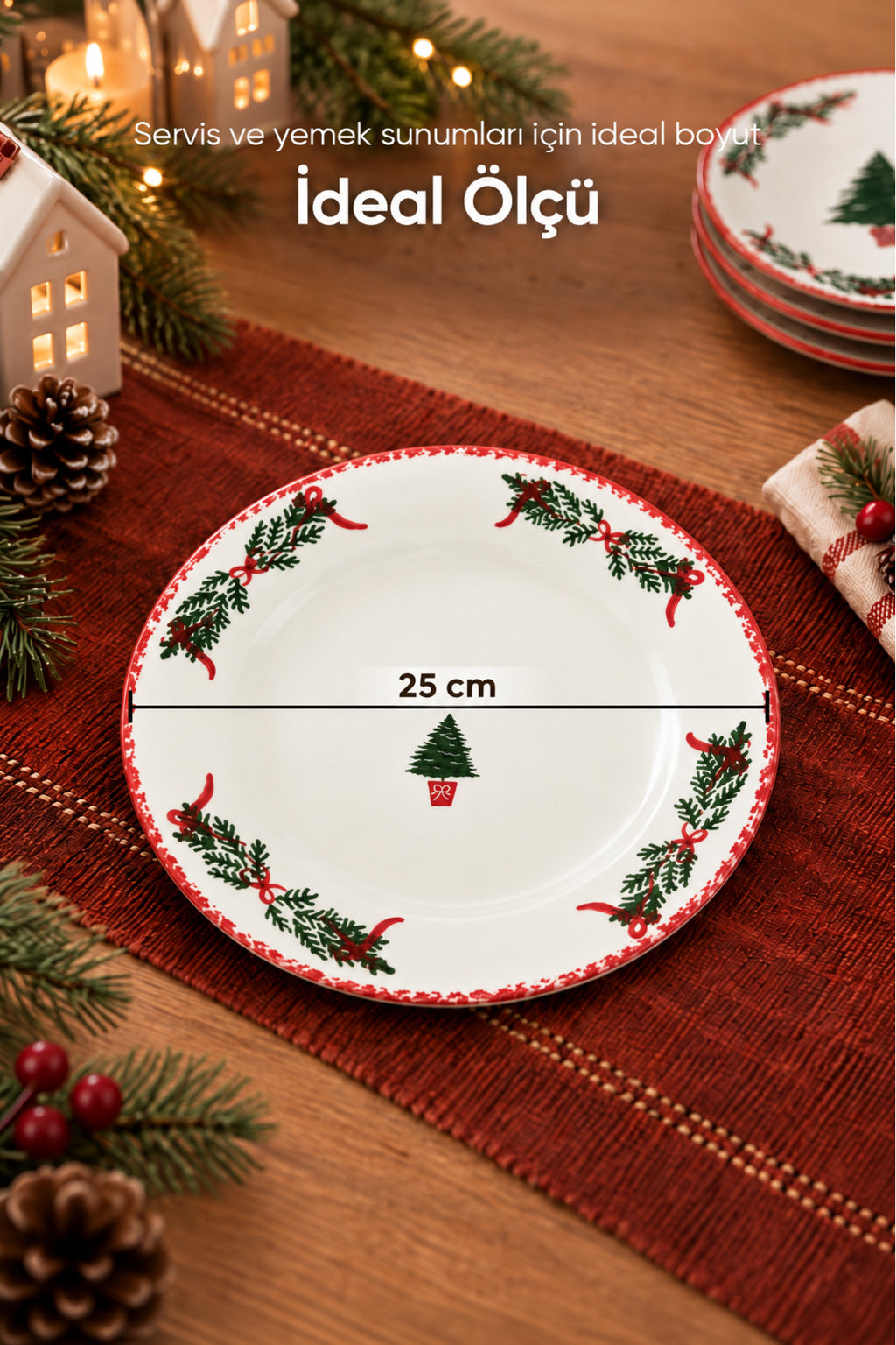 6'lı Çam Ağacı Desenli Yuvarlak Servis Tabağı 25 cm Tatlı Sunum Servis Tabağı 6 Kişilik