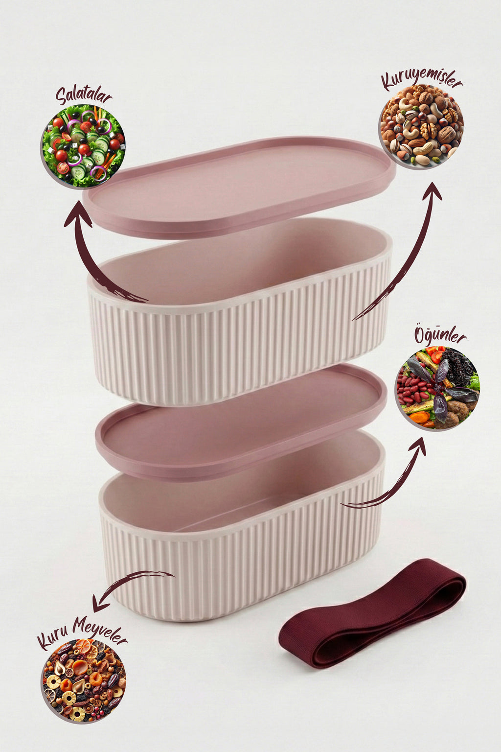 2'li Elastik Bantlı İstiflenebilir Pratik Saklama Kabı Seti 2x(1100 ml) Pembe