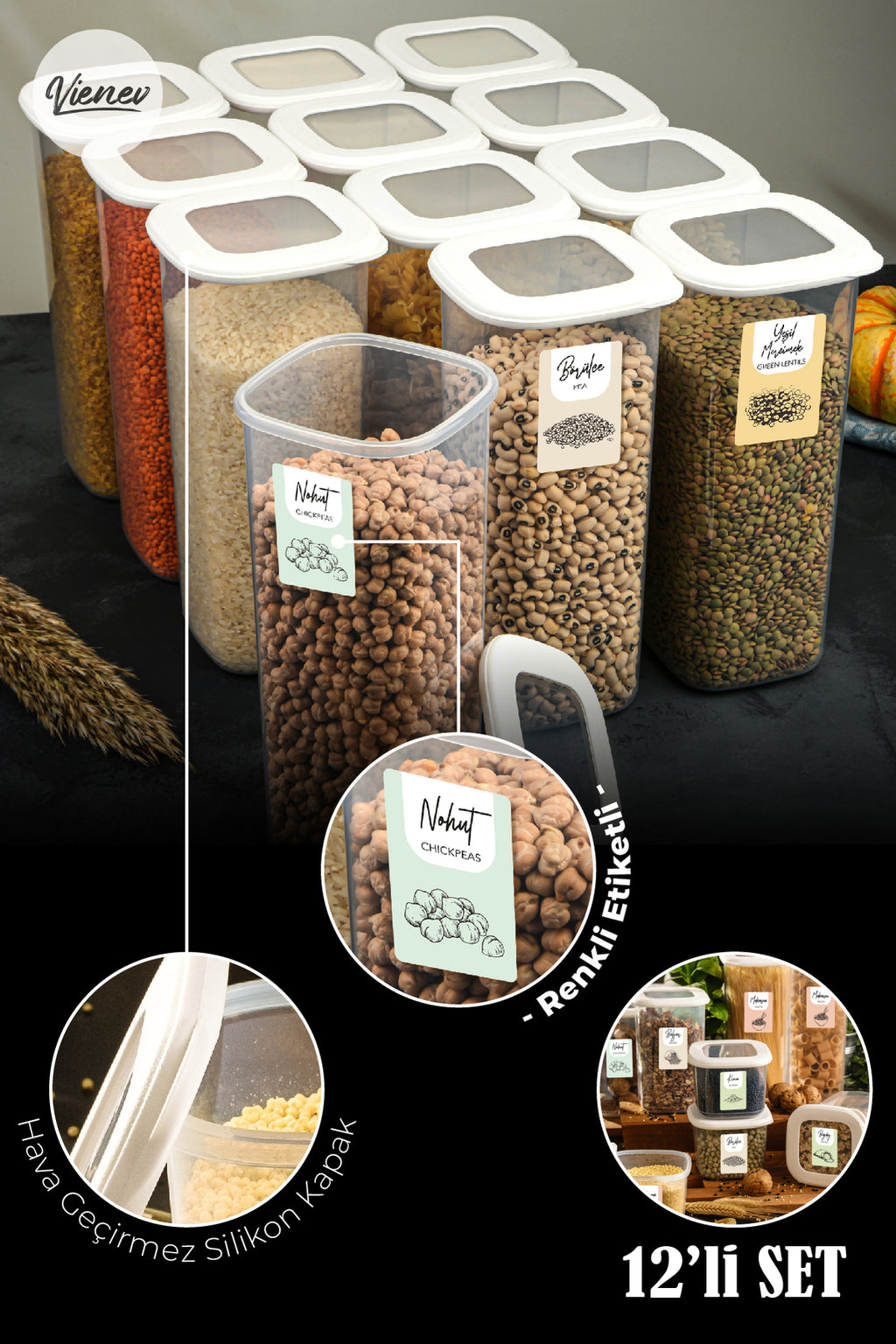 Renkli Etiketli 12'li Set Büyük Boy 1,75 Litre Etiketli Kare Erzak Saklama Kabı