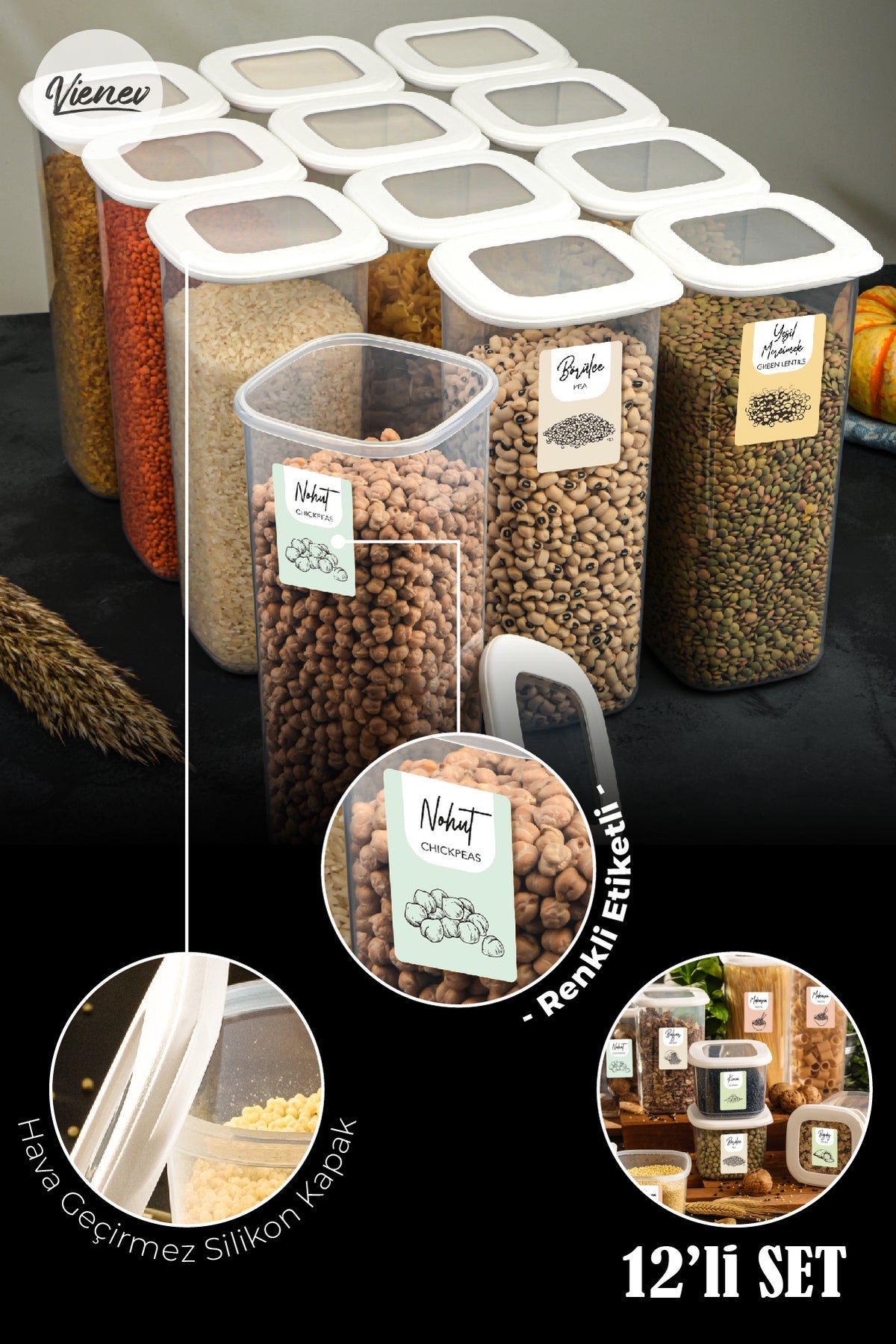 Renkli Etiketli 12'li Set Büyük Boy 1,75 Litre Etiketli Kare Erzak Saklama Kabı