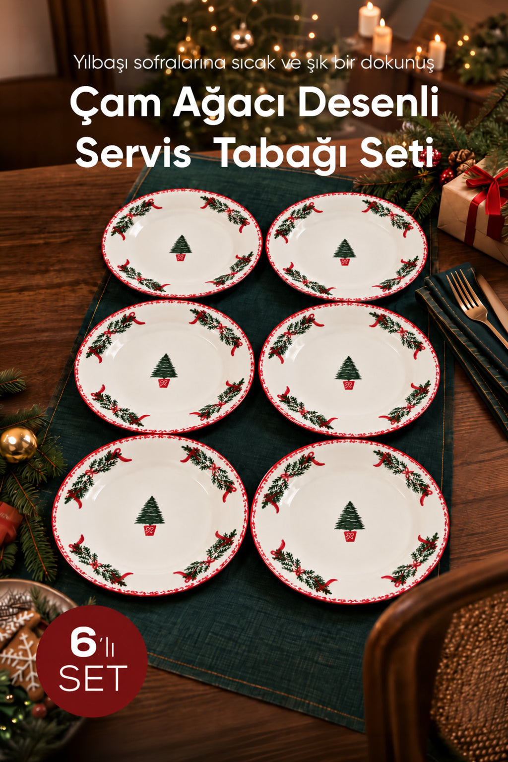 6'lı Çam Ağacı Desenli Yuvarlak Servis Tabağı 25 cm Tatlı Sunum Servis Tabağı 6 Kişilik