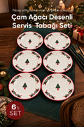 6'lı Çam Ağacı Desenli Yuvarlak Servis Tabağı 25 cm Tatlı Sunum Servis Tabağı 6 Kişilik