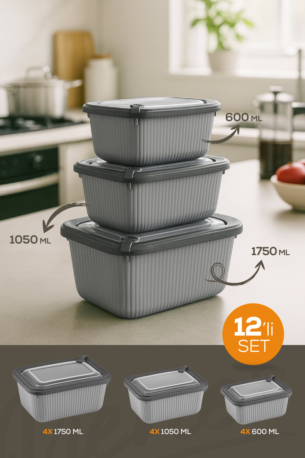 12'li Vip Dikdörtgen Mikrodalga Ve Difrize Uygun Saklama Kabı Seti Gri 4x(1750,1050,600 ML)