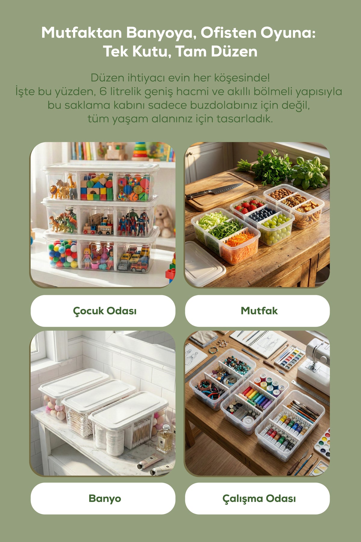 3'lü Ayarlanabilir 3 Bölmeli Saklama Kabı 6 Lt | Buzdolabı Çekmece Düzenleyici Organizer Kutu