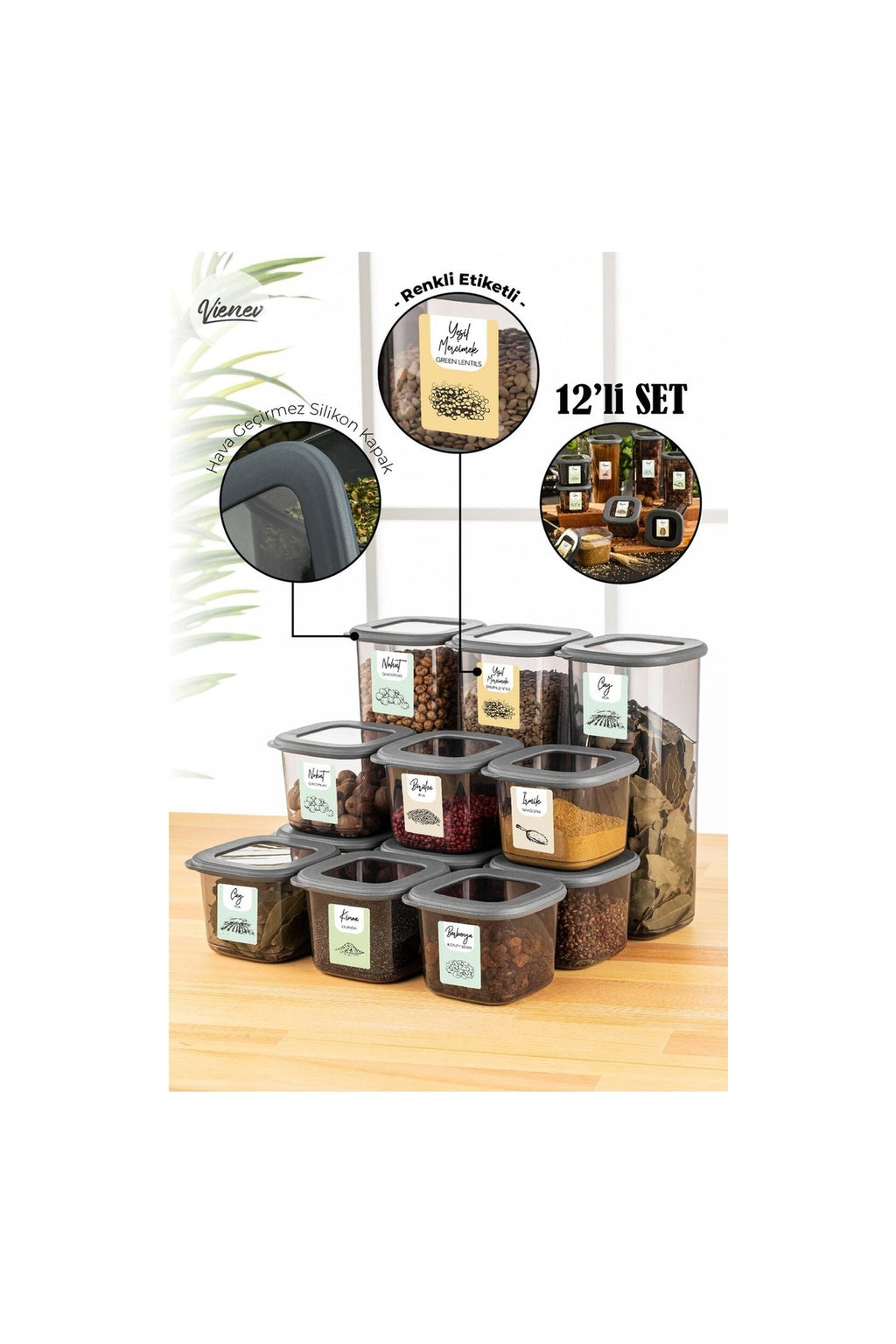 Renkli Etiketli 12li Foly Kare Erzak Saklama Kabı 9x(0,55 Litre) 3x(1,75 Litre) Antrasit
