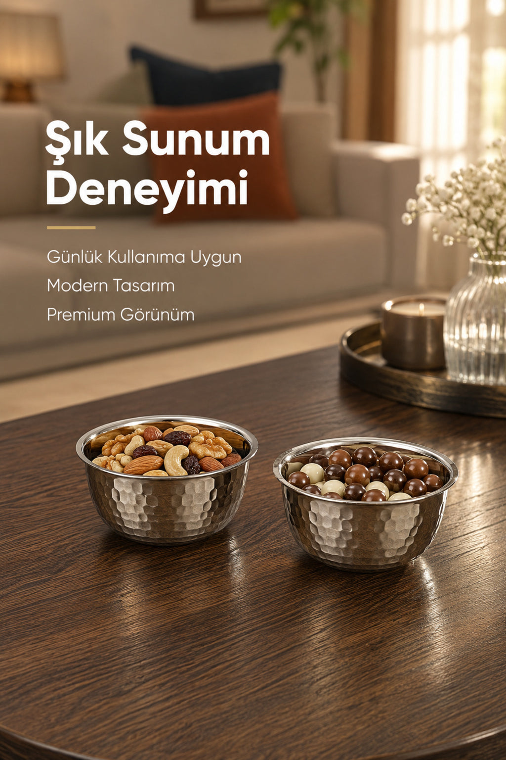 Paslanmaz Metal 2'li Çerezlik Kase Takımı - 9,5x6 cm Lüks Sunum ve Sosluk Seti