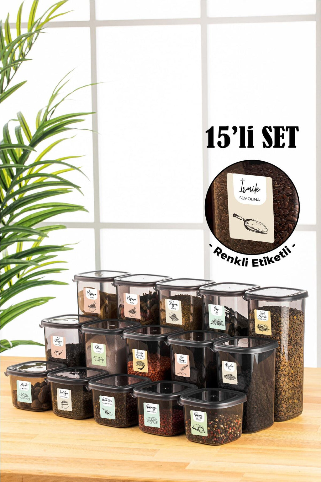 Renkli Etiketli 15li Peggy Kare Erzak Saklama Kabı 5x(0,55 Litre, 1,2 Litre, 1,75 Litre) Antrasit