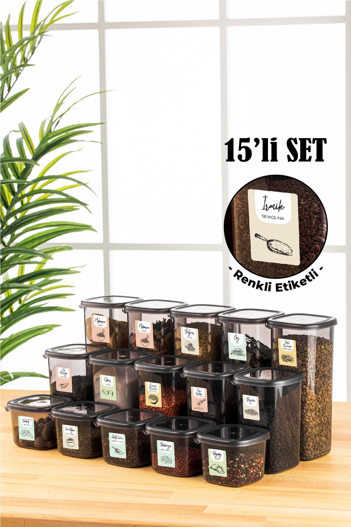 Renkli Etiketli 15li Peggy Kare Erzak Saklama Kabı 5x(0,55 Litre, 1,2 Litre, 1,75 Litre) Antrasit