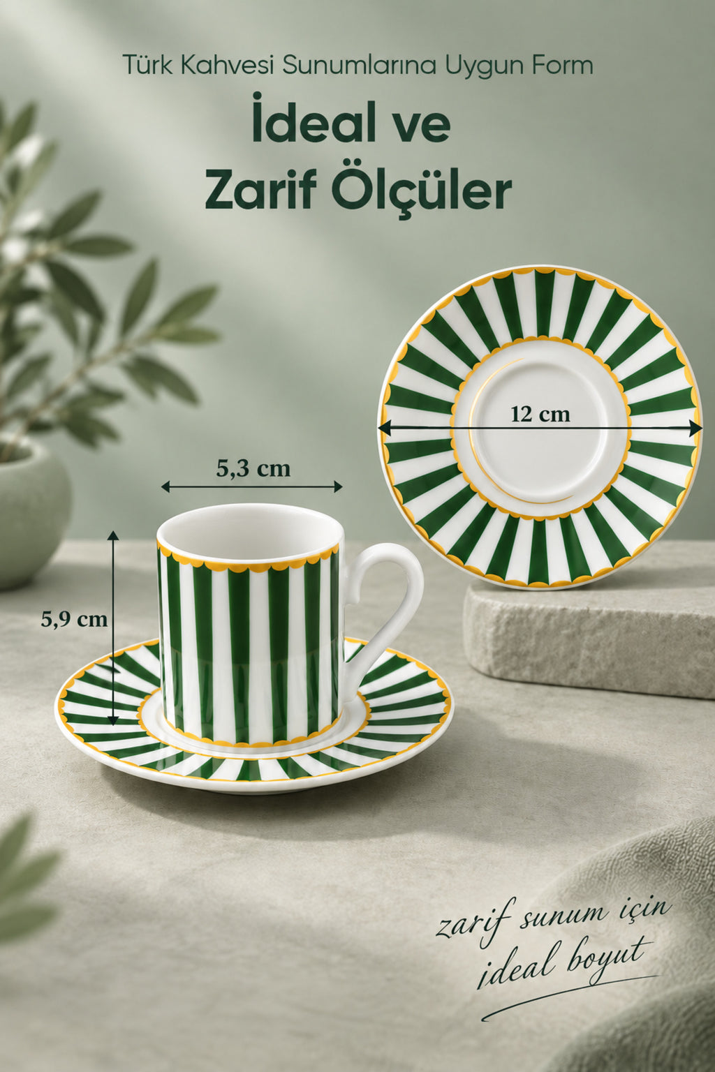 6 Kişilik Yeşil Çizgili Porselen Kahve Fincanı Takımı 12 Parça Altın Yaldız Detaylı Şık Sunum Seti