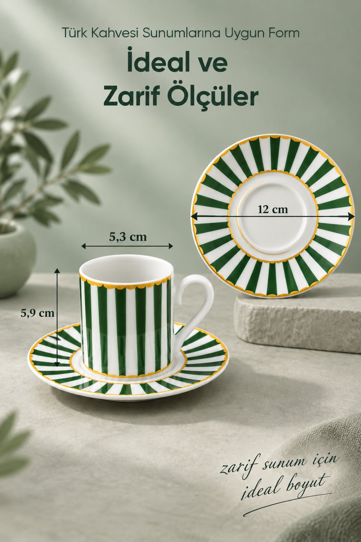 6 Kişilik Yeşil Çizgili Porselen Kahve Fincanı Takımı 12 Parça Altın Yaldız Detaylı Şık Sunum Seti