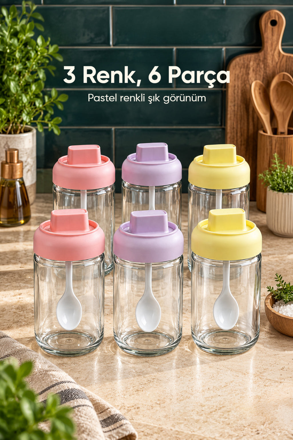6'lı Kaşıklı Kapaklı Cam Baharatlık Seti 314 ml Çok Renkli