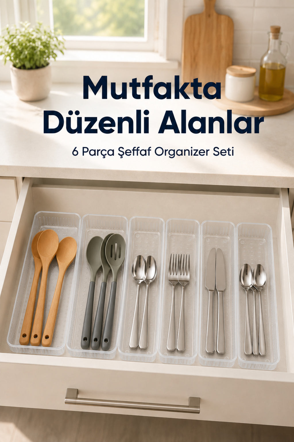 6'lı Modüler Şeffaf Kaşıklık Seti Çekmece İçi Mutfak Çatal Kaşık Bıçak Düzenleyici Organizer (2E4F)