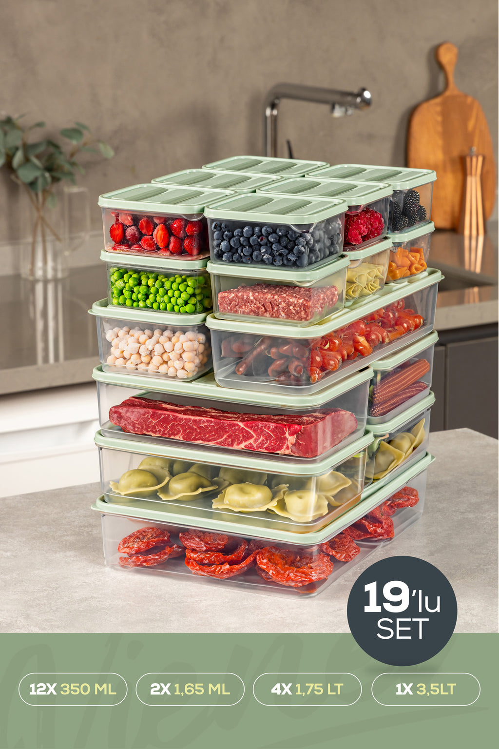 19'lu Buzdolabı Dondurucu Organizer Ve Saklama Kabı Mint 12x(350ML) 4x(1,75LT) 2x(1,65LT) 1x(3,5LT)
