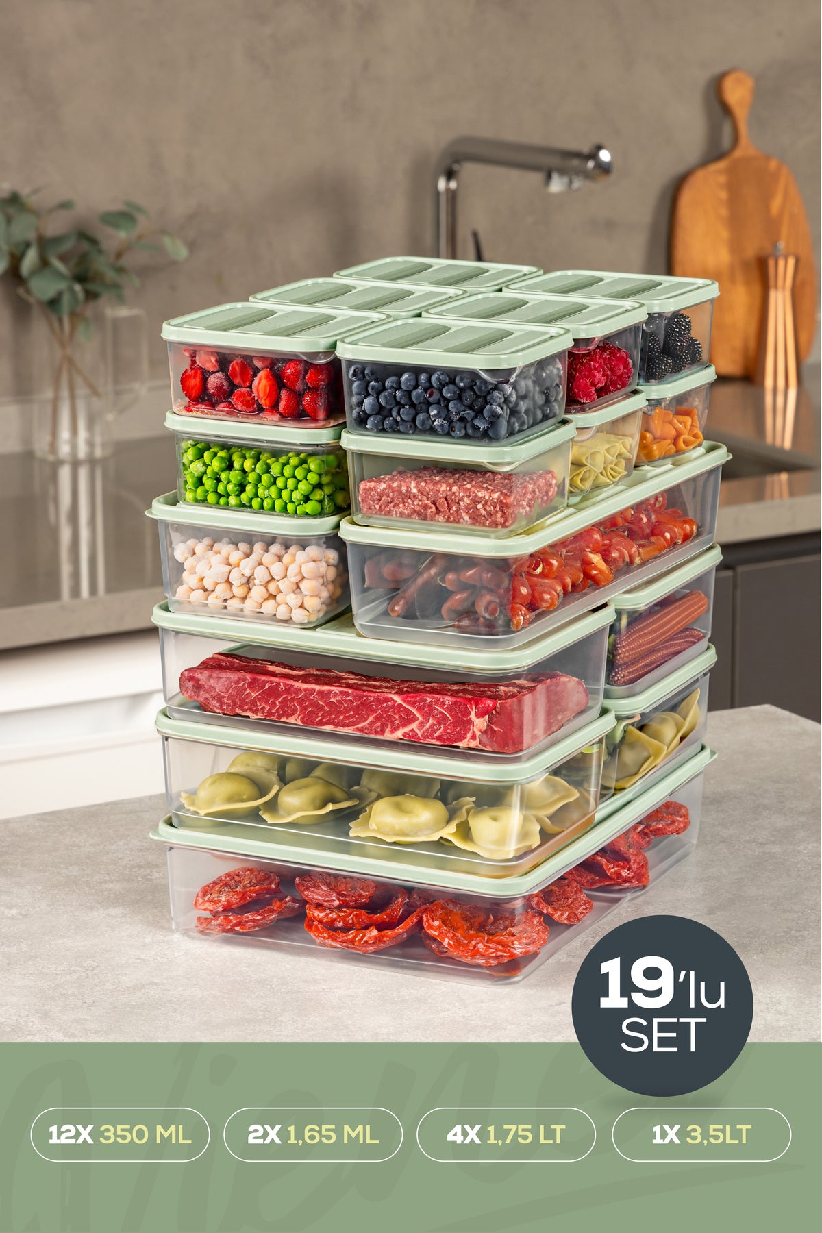 19'lu Buzdolabı Dondurucu Organizer Ve Saklama Kabı Mint 12x(350ML) 4x(1,75LT) 2x(1,65LT) 1x(3,5LT)