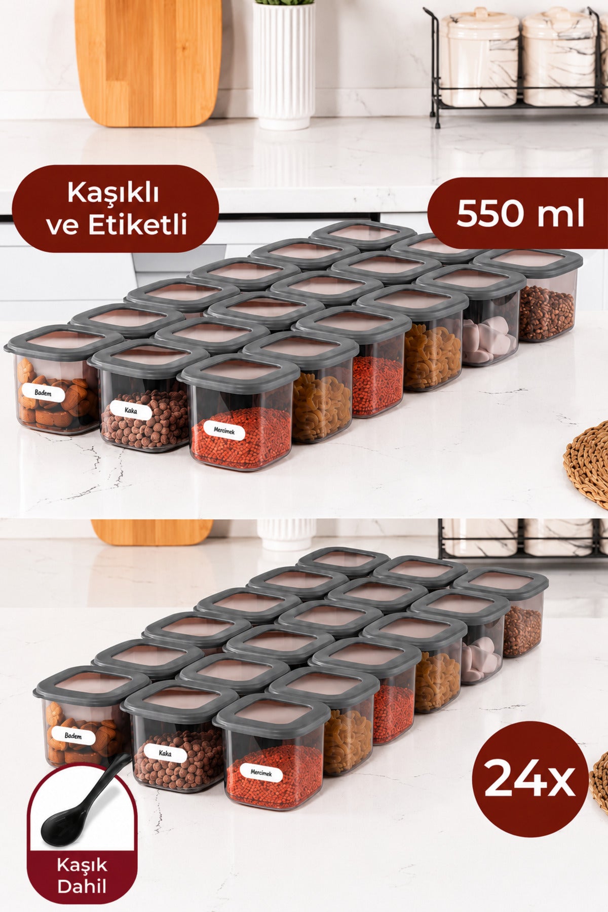 Etiketli Siyah Kaşıklı Foly Kare Erzak Saklama Kabı Seti 24lü 0,55 Küçük Boy Antrasit