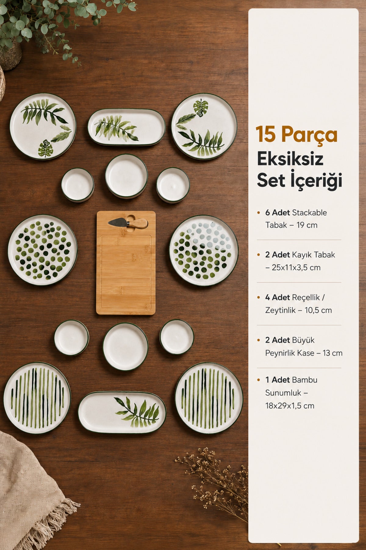 15 Parça Bambu Sunumluklu Botanik Kahvaltı Takımı Seti