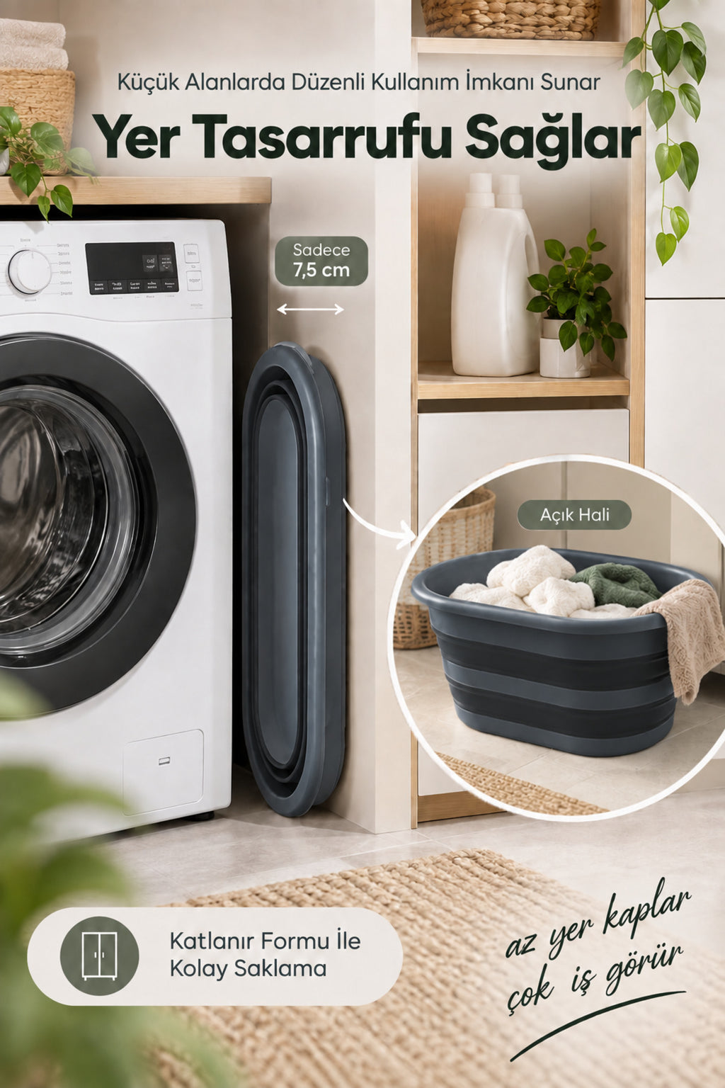 25 Litre Antrasit Katlanabilir Çamaşır Sepeti 54,5x38 cm Geniş Hacimli Pratik Ev Tipi Sepet