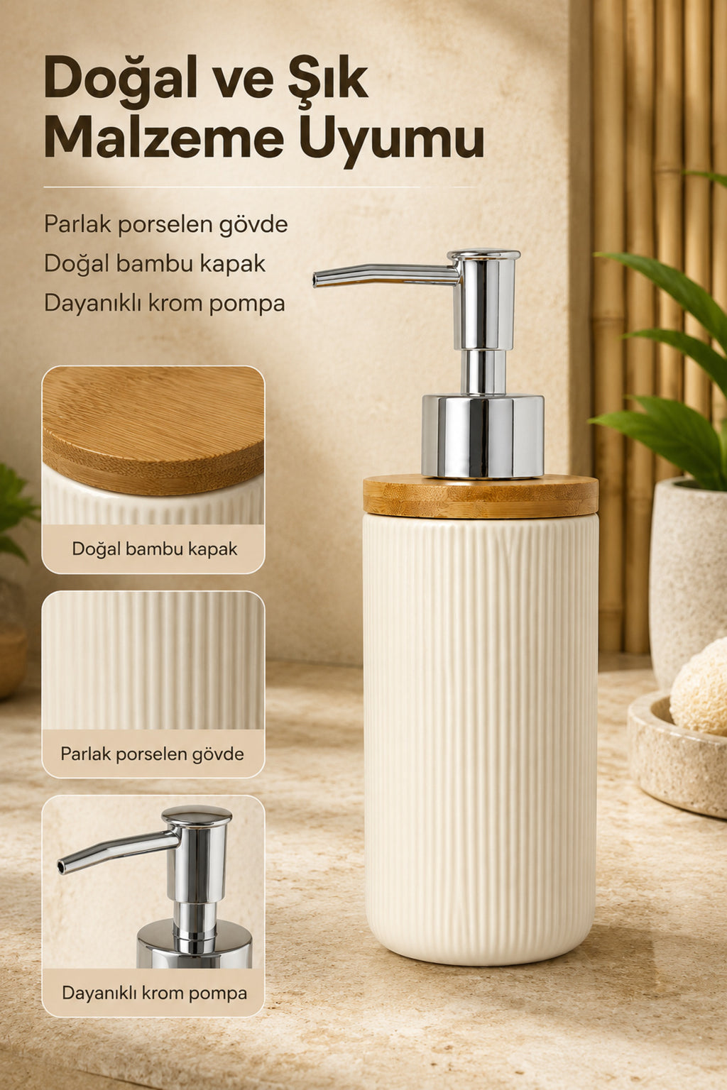 Bambu Kapaklı Çizgili Porselen Sıvı Sabunluk 350 ml Bej