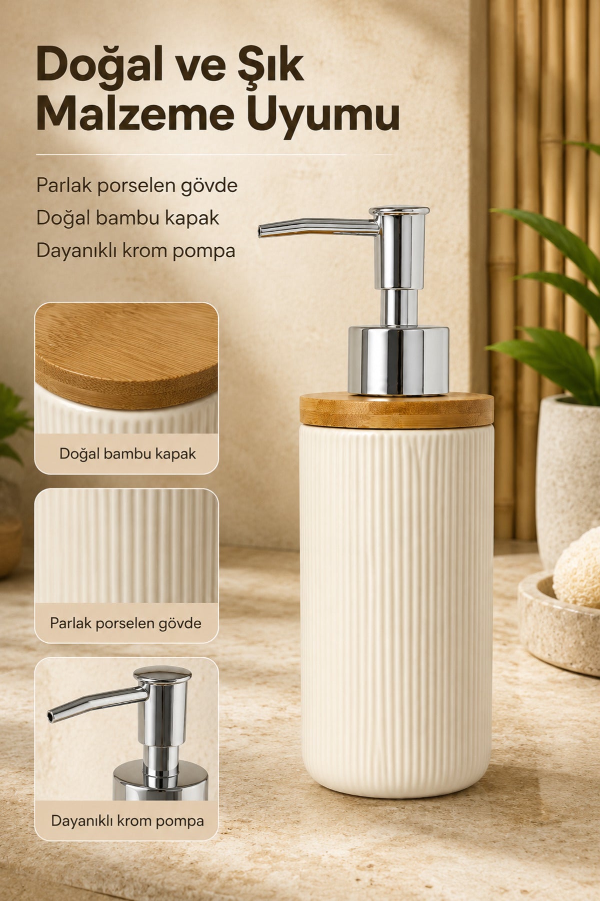 Bambu Kapaklı Çizgili Porselen Sıvı Sabunluk 350 ml Bej