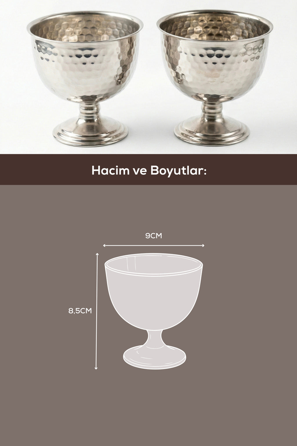 2'li Gümüş Renk Metal Ayaklı Çerezlik & Lokumluk - Dövme Desenli Sunum Kasesi 240ml