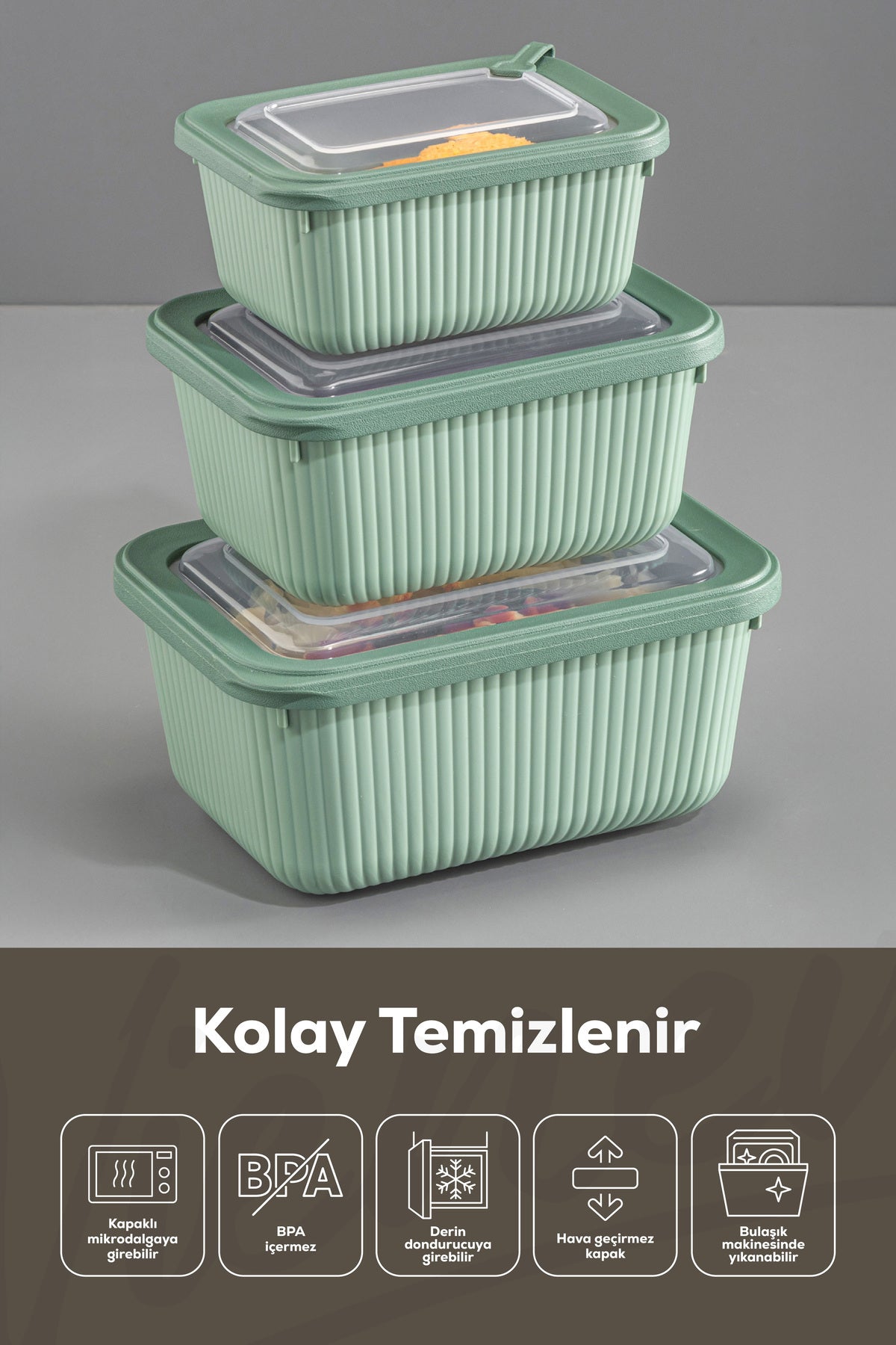 3'lü Vip Dikdörtgen Mikrodalga Ve Difrize Uygun Saklama Kabı Seti Yeşil 1x(1750,1050,600 ml)