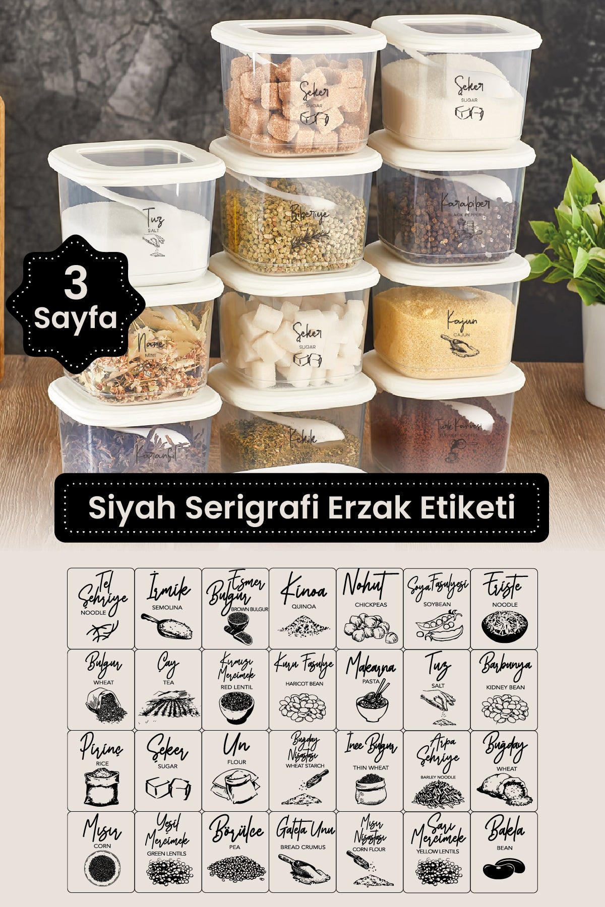 3 Adet Siyah Serigrafi Erzak Etiketi