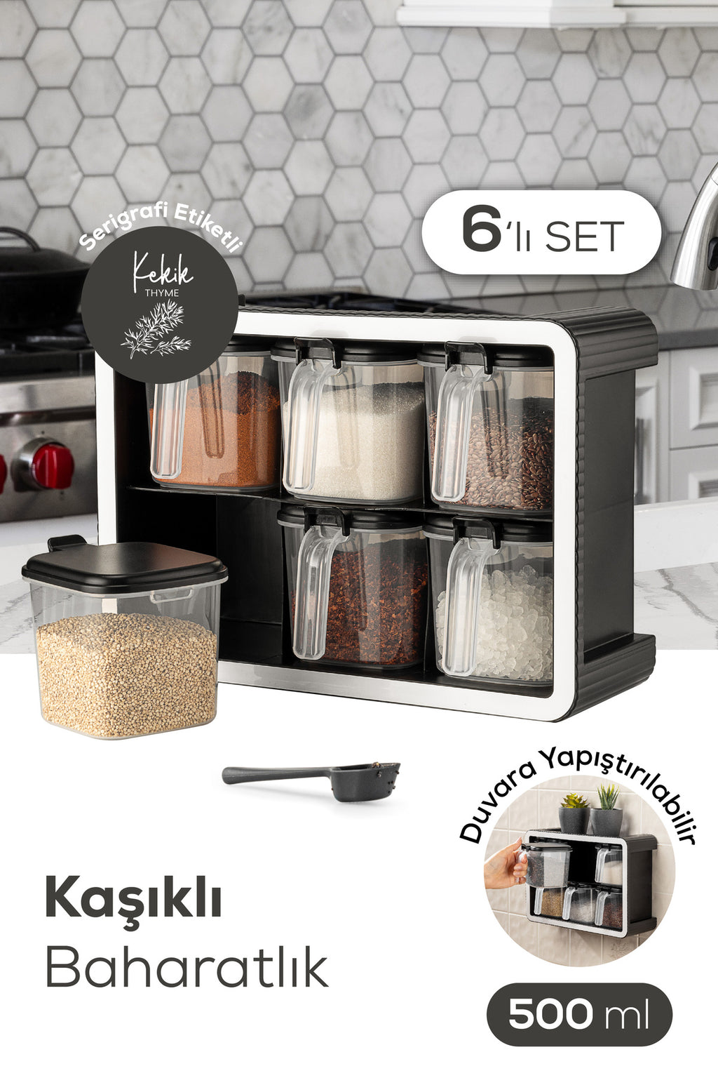 Beyaz Serigrafi Etiketli 6'lı 500 ml Standlı Kendinden Yapışkanlı Kaşıklı Baharatlık Seti Siyah