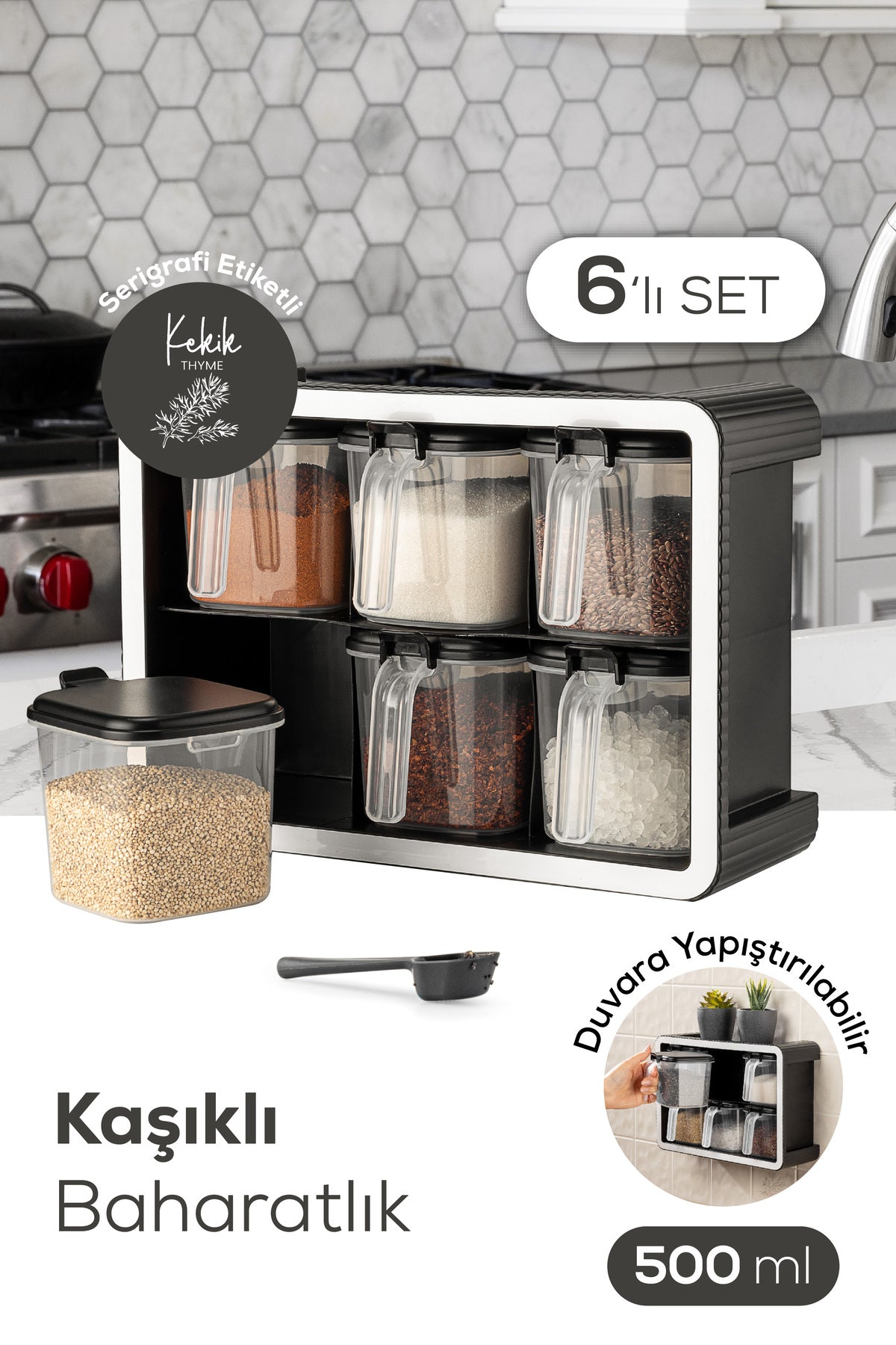 Beyaz Serigrafi Etiketli 6'lı 500 ml Standlı Kendinden Yapışkanlı Kaşıklı Baharatlık Seti Siyah
