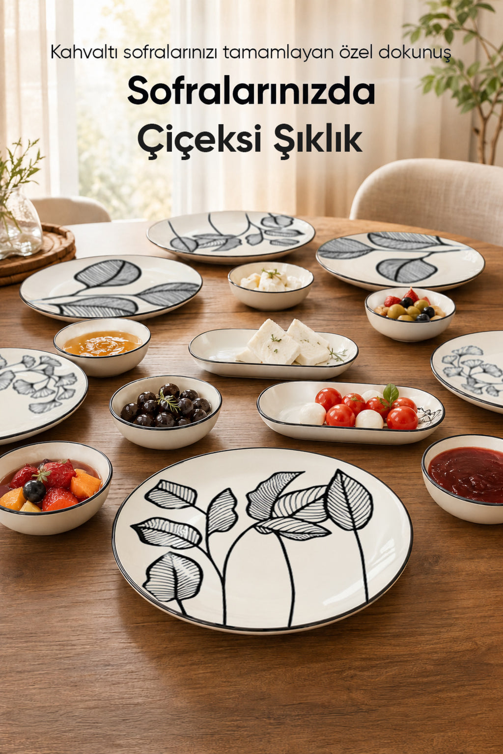 Siyah Yaprak Desenli 14 Parça 6 Kişilik Seramik Kahvaltı Takımı Servis Sunum Tabaklı Dekoratif Sofra Seti