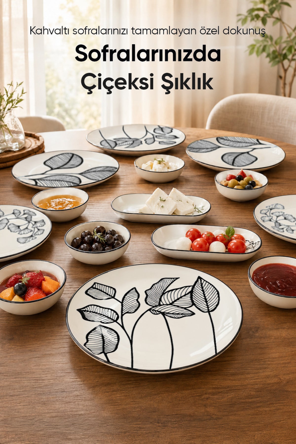 Siyah Yaprak Desenli 14 Parça 6 Kişilik Seramik Kahvaltı Takımı Servis Sunum Tabaklı Dekoratif Sofra Seti