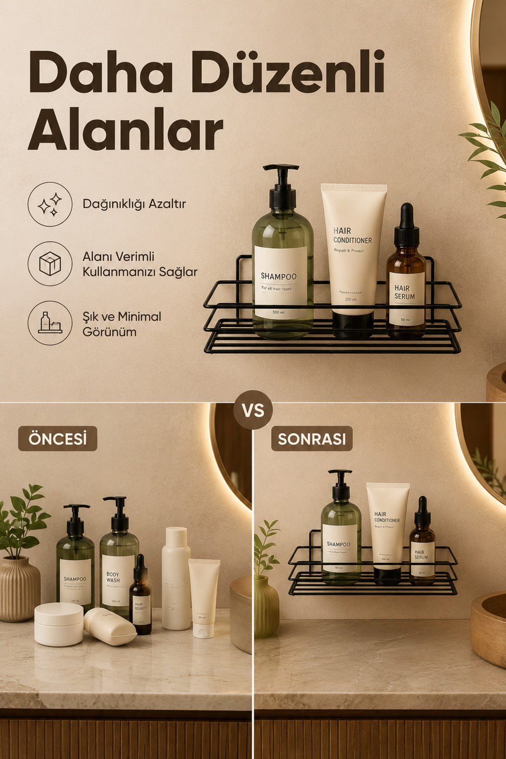 Banyo ve Mutfak İçin Paslanmaz Siyah Metal Yapışkanlı Düzenleyici Raf