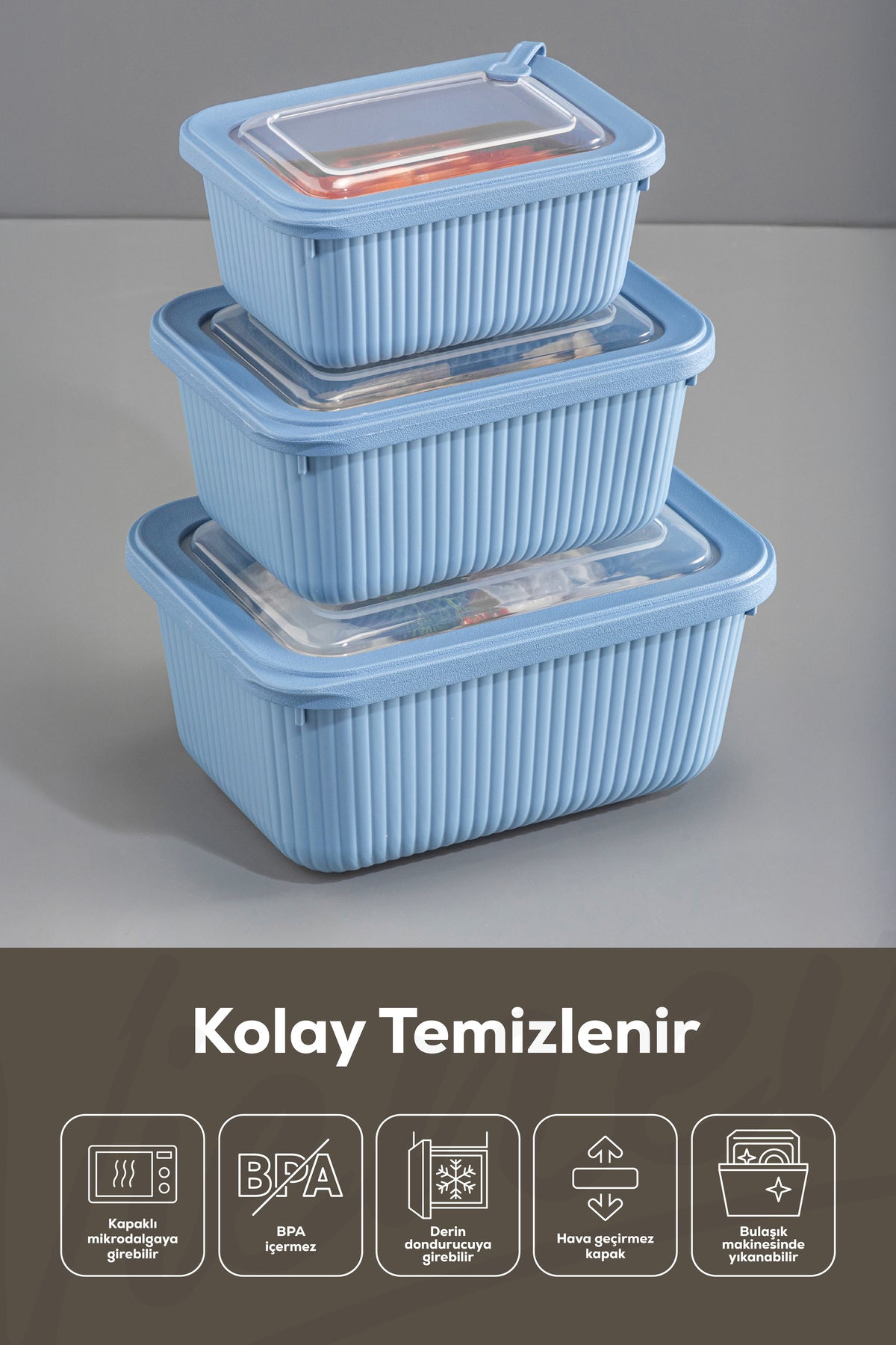 9'lu Vip Dikdörtgen Mikrodalga Ve Difrize Uygun Saklama Kabı Seti Mavi 3x(1750,1050,600 ml)