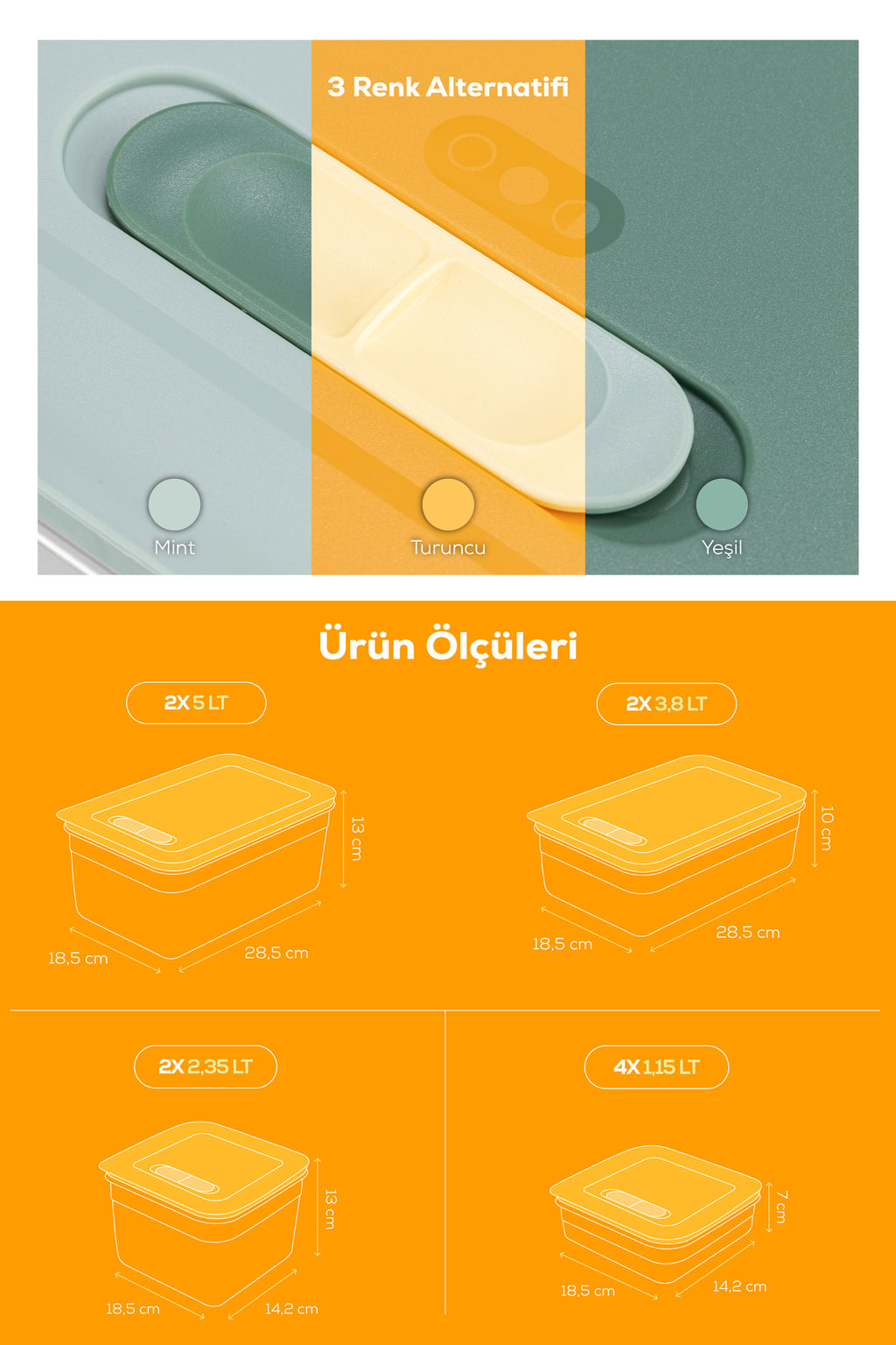 10'lu Hava Kanallı Ayarlanabilir Sebze ve Meyve Saklama Kabı 4x(1,15 lt) 2x(2,35-3,8-5 lt) Turuncu