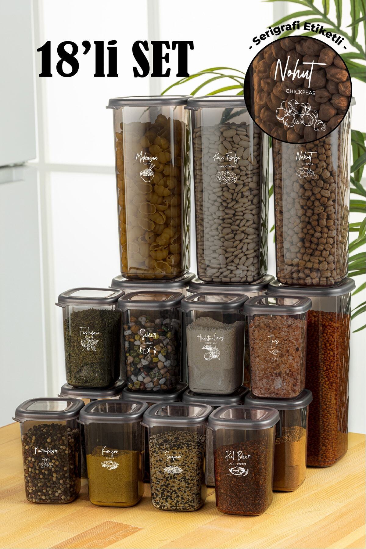 Beyaz Serigrafi Etiketli 18li Peggy Kare Erzak Ve Baharat Full Set 6x(1,75) 12x(0,45) Ant