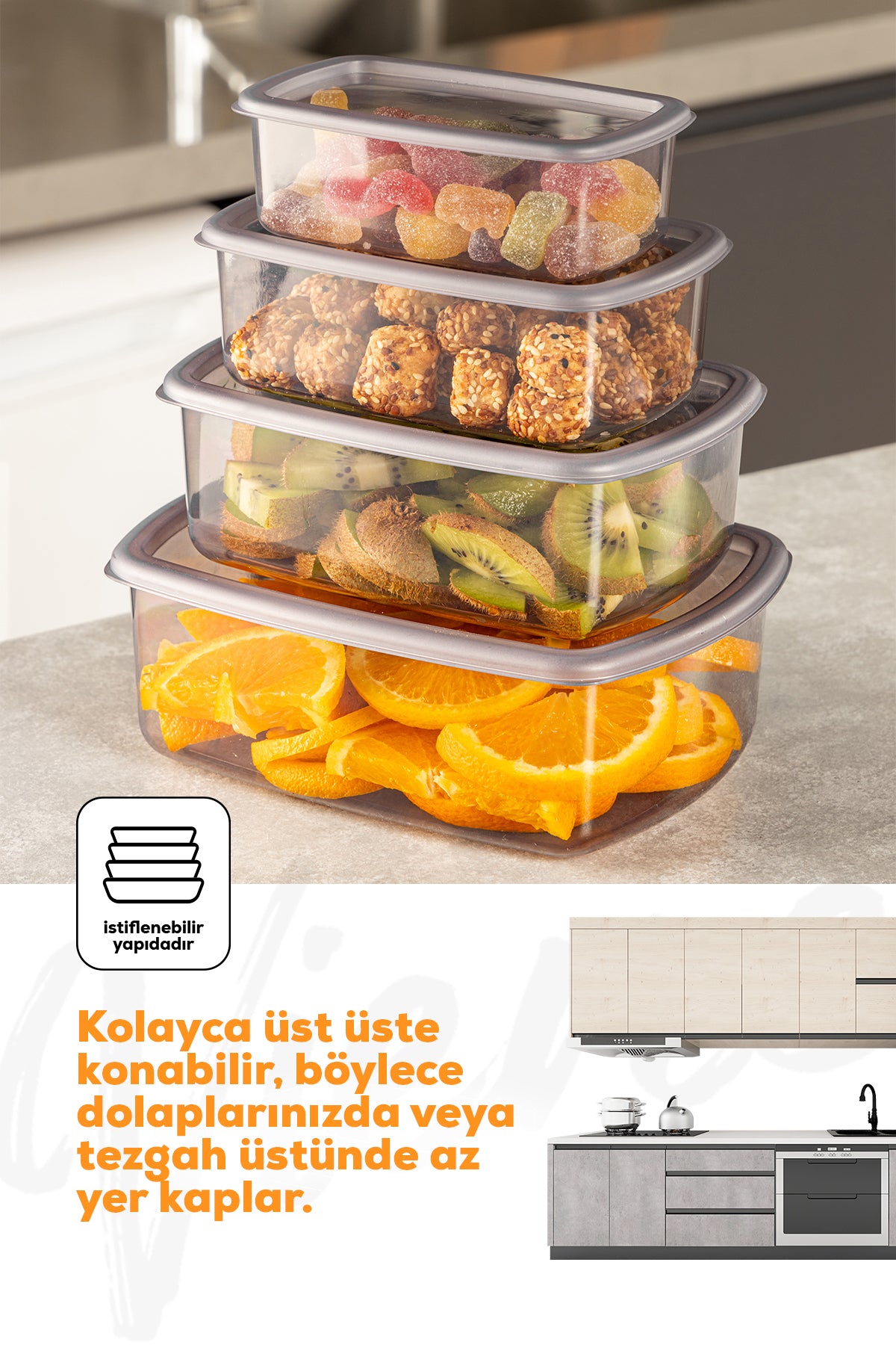 4'lü Hava Geçirmez Saklama Kabı Seti Antrasit 1x(250-500-750-1200 ML)