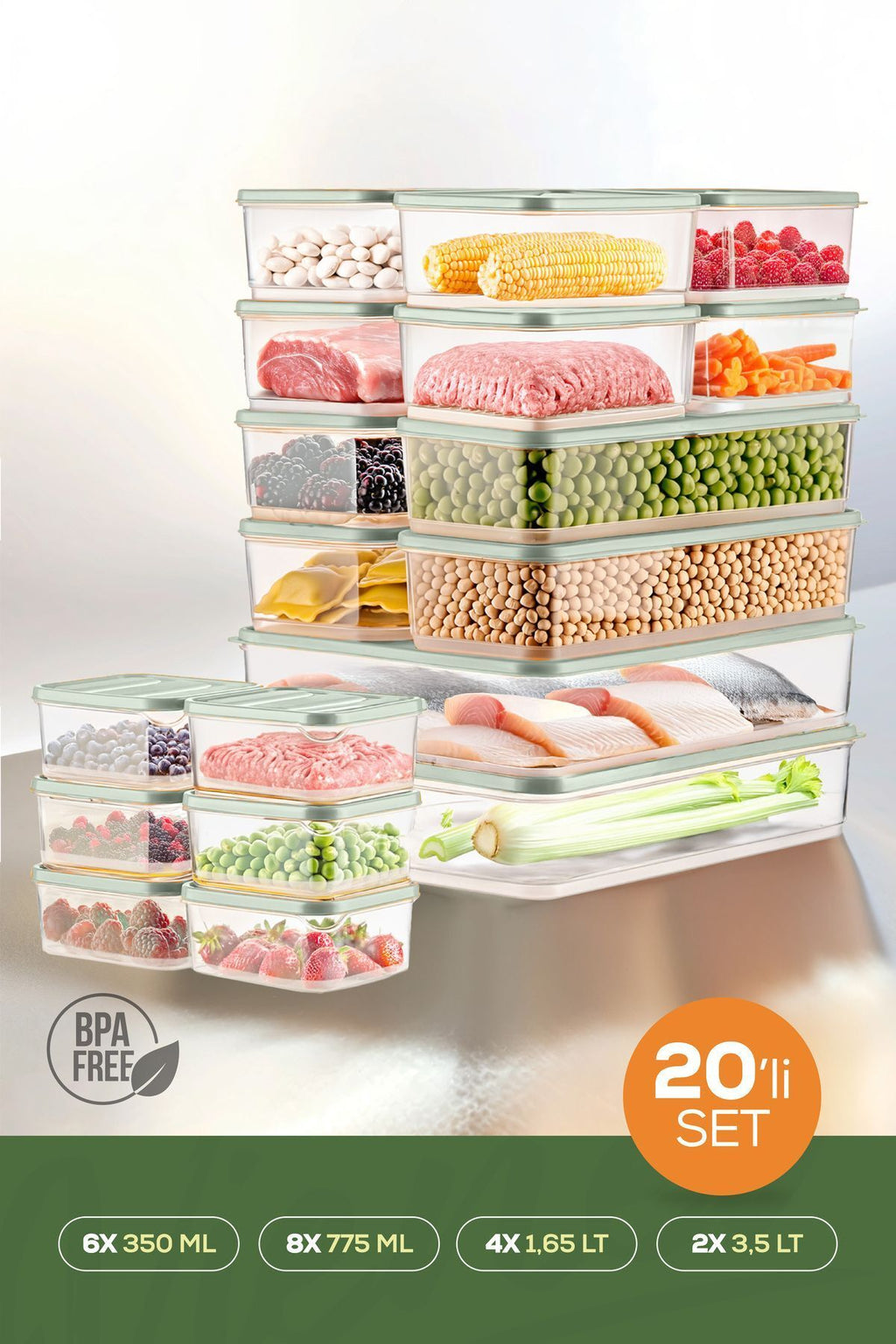 20'li Buzdolabı Düzenleyici Organizer Mikrodalgaya Uygun Difriz Saklama Kabı Mint