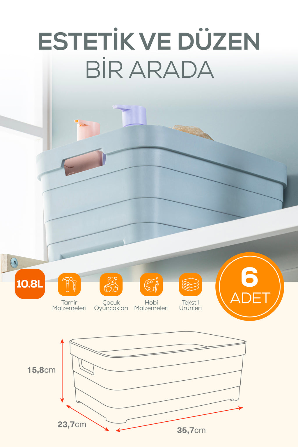 6'lı 10,8 Litre Saklama Kutusu Bej